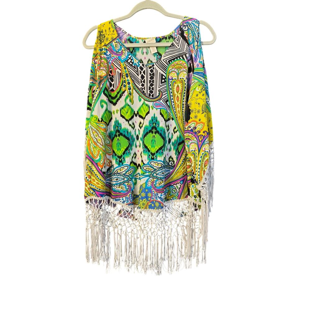 Chico's Multicolor Paisley Tunic with Fringe Size 1 Vacation Resort Wear Cruise